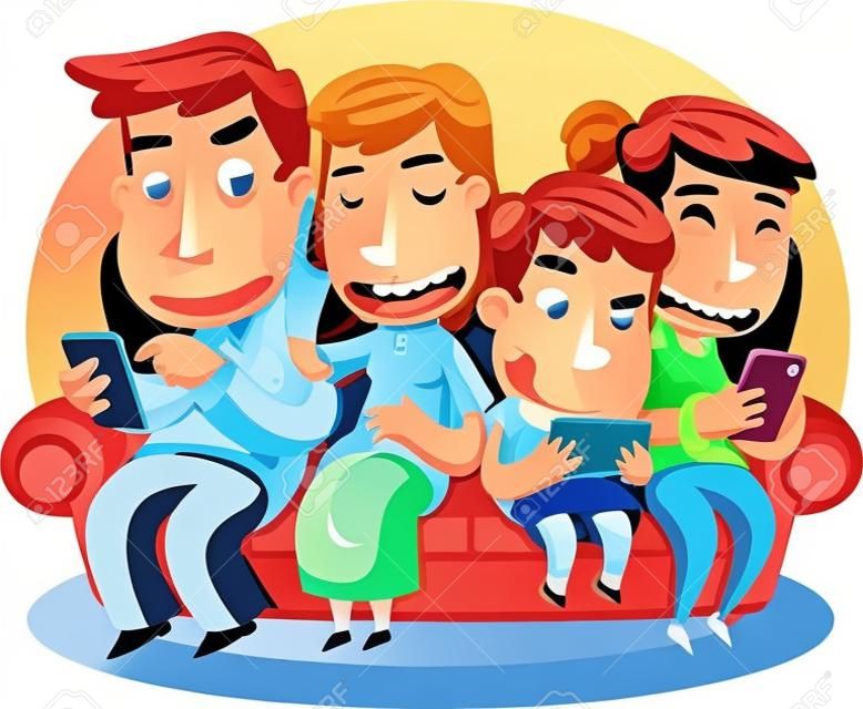 Family using smartphones illustration cartoon.