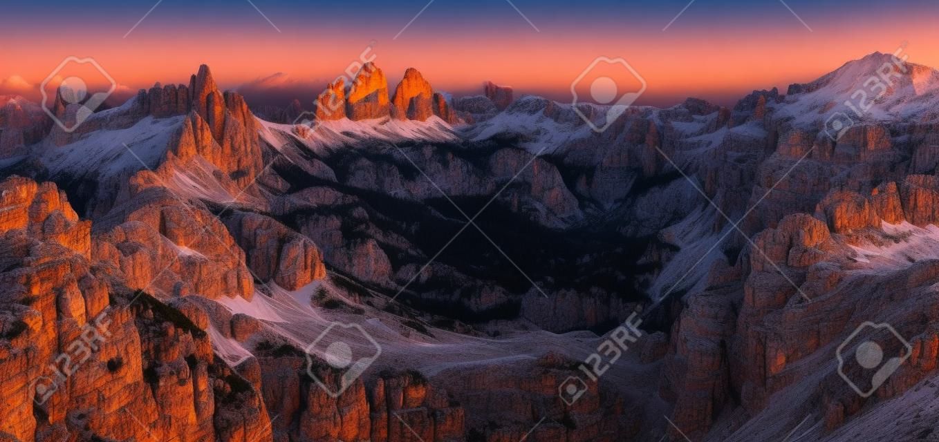 Dolomites mountain panorama in Italy at sunset - Tre Cime di Lavaredo