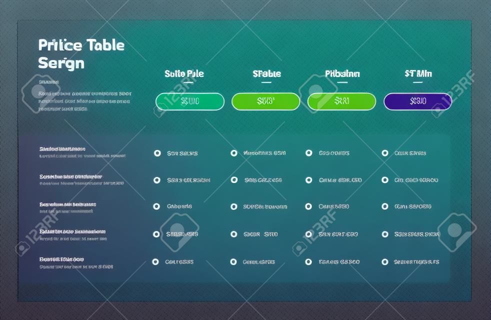 Modern pricing table design with four colorful subscription plans. Flat infographic design template for website or presentation.