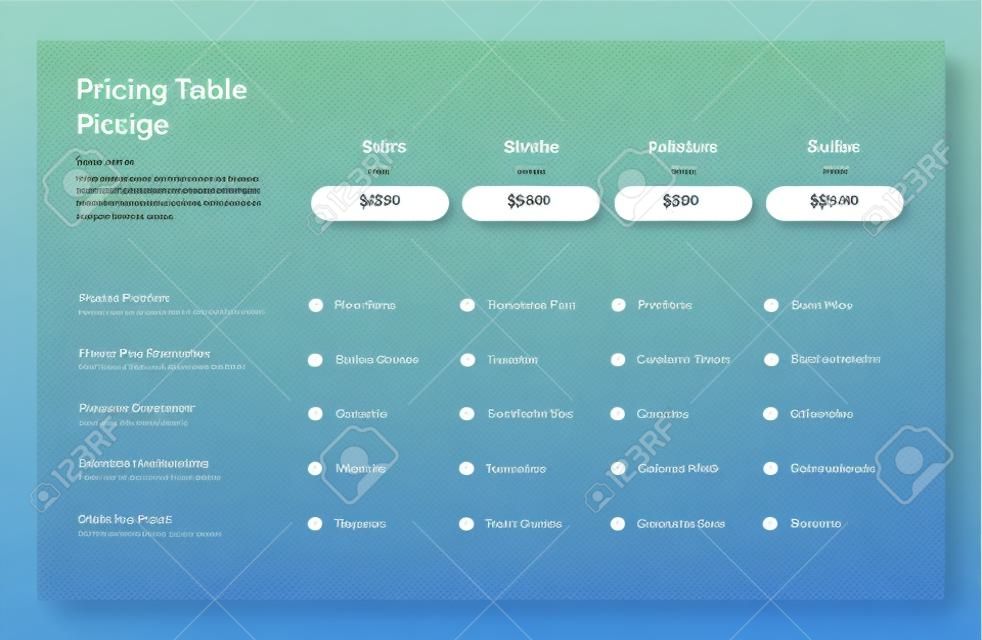 Modern pricing table design with four colorful subscription plans. Flat infographic design template for website or presentation.