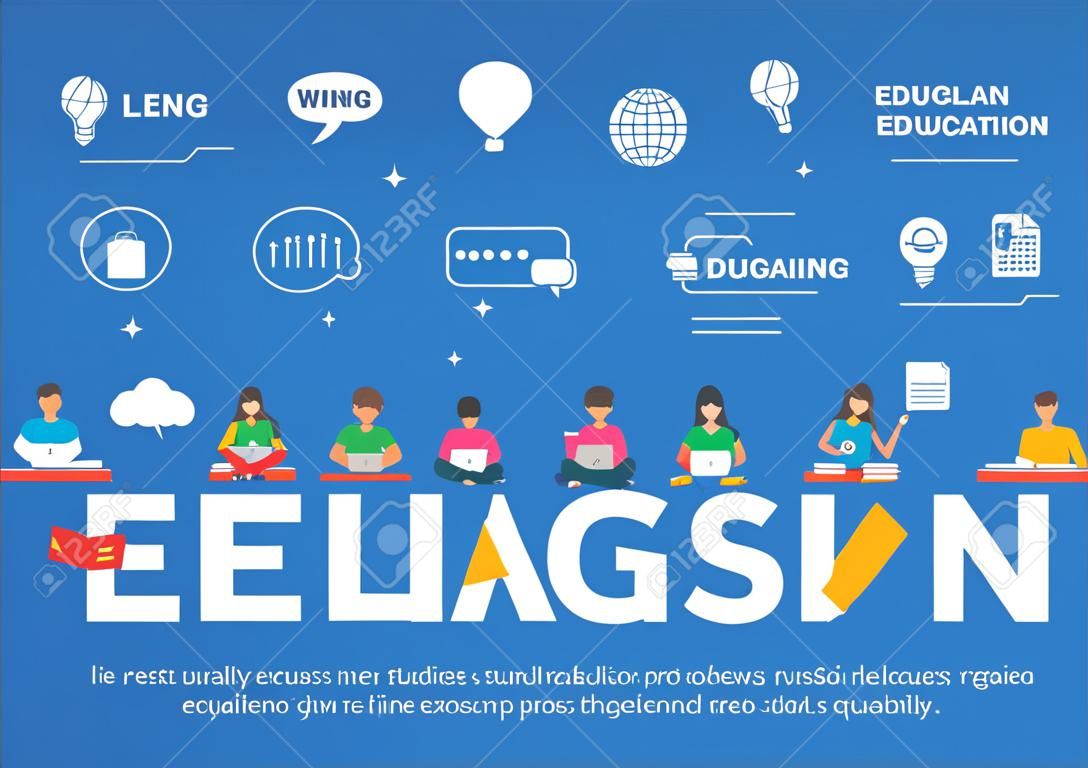 English word for education with icons flat design