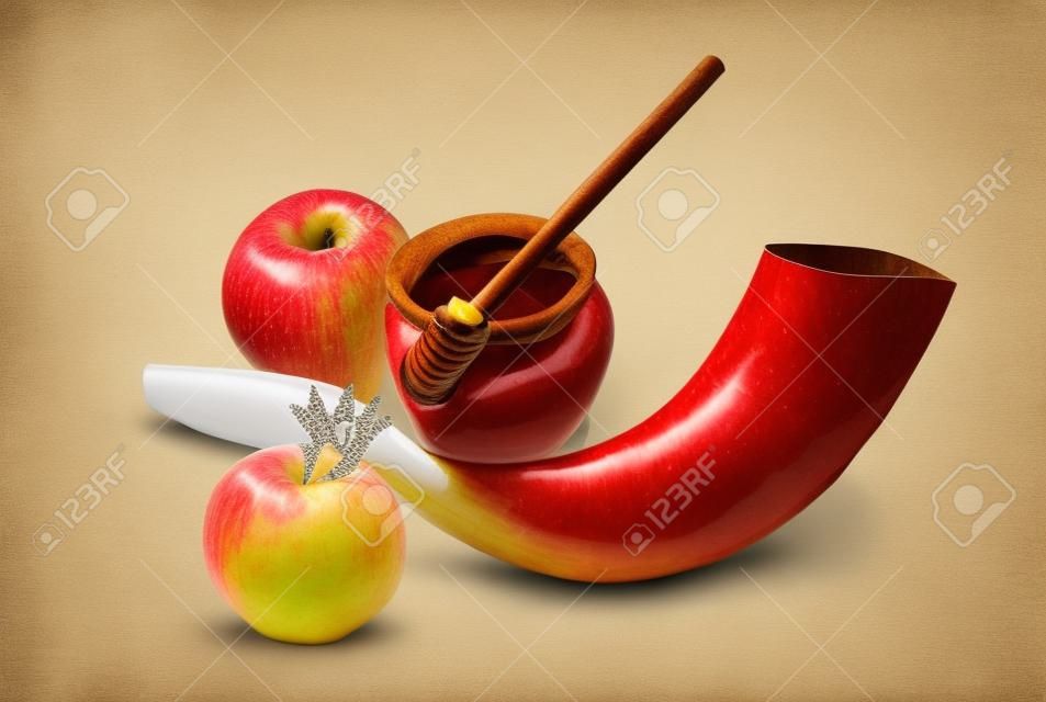 Rosh Hashanah jewesh notion de vacances - shofar corne, de miel, de pomme et de grenade isolé sur blanc. symboles de vacances traditionnelles.
