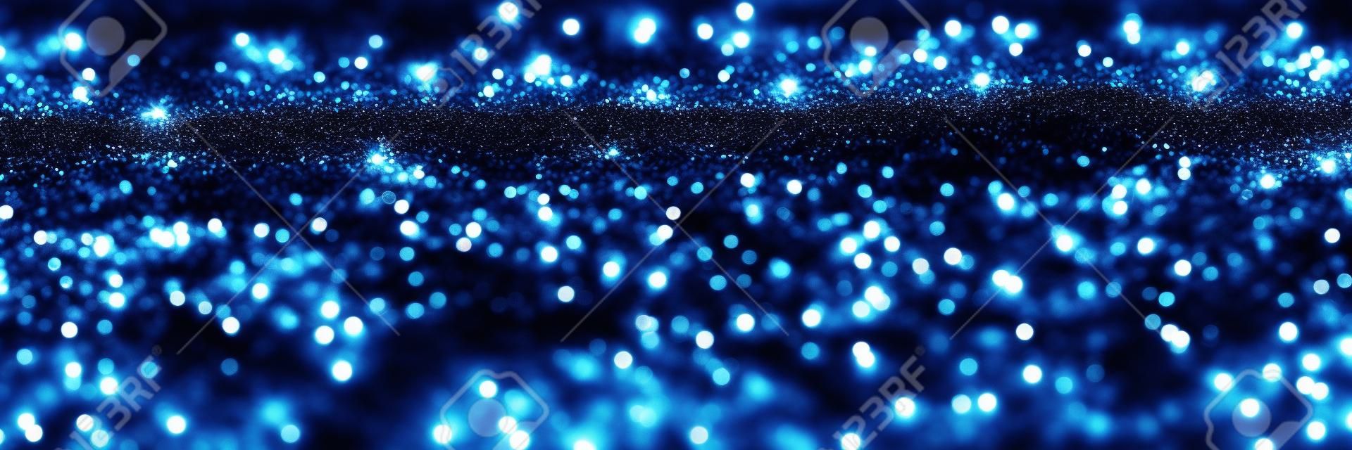 glitter vintage lights website banner background. blue, silver and black. defocused.