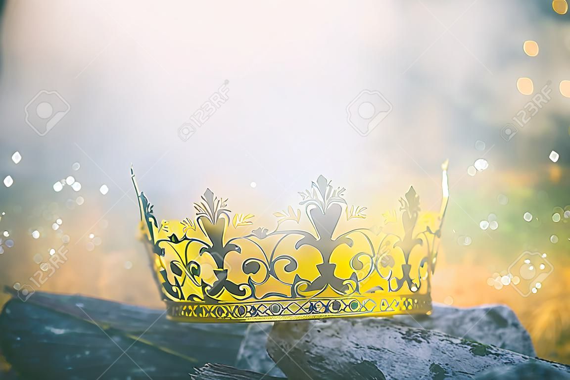 foto misteriosa y mágica de la corona dorada del rey en el bosque. Concepto de época medieval.