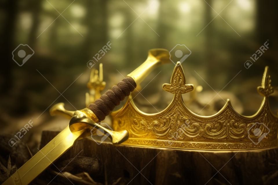 foto misteriosa y mágica de la corona y la espada del rey de oro en los bosques de Inglaterra. Concepto de época medieval