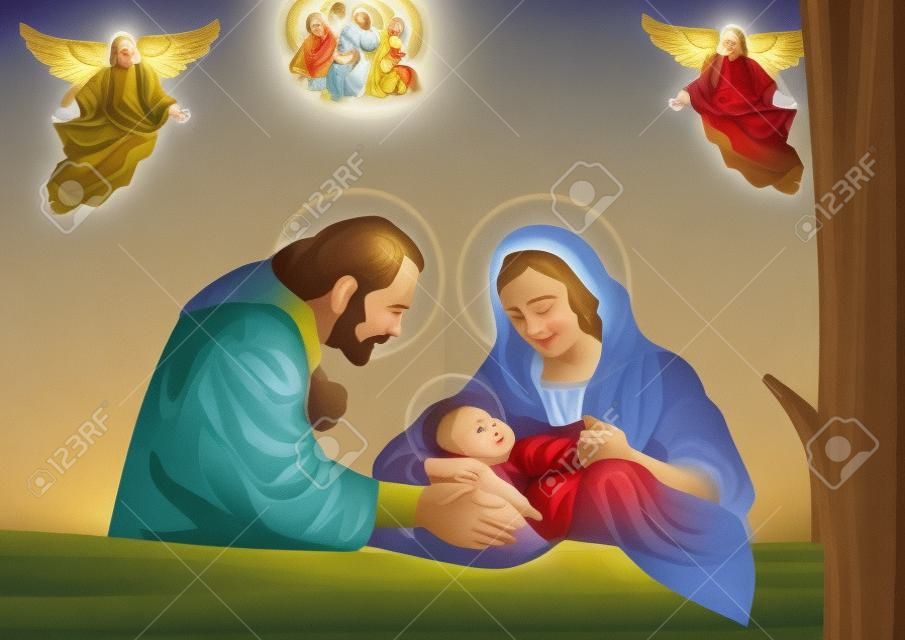 Христианский Рождественский вертеп с младенцем Иисусом и ангелами