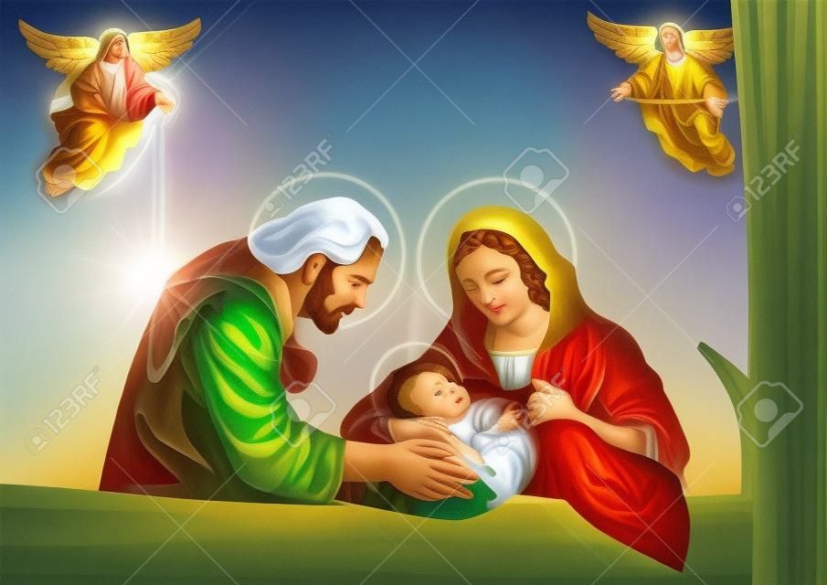 Cristiano pesebre de Navidad con el bebé Jesús y ángeles