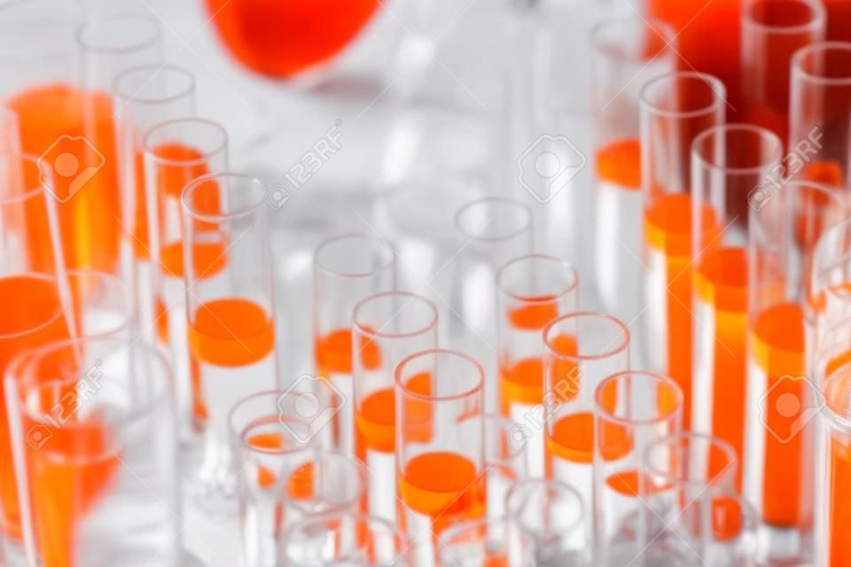 Laboratory glass test tubes filled with orange liquid for an experiment in a science research lab. Analyzes