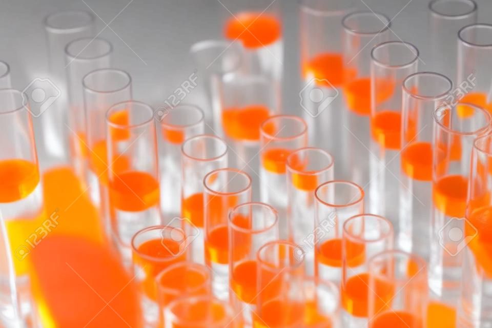 Laboratory glass test tubes filled with orange liquid for an experiment in a science research lab. Analyzes