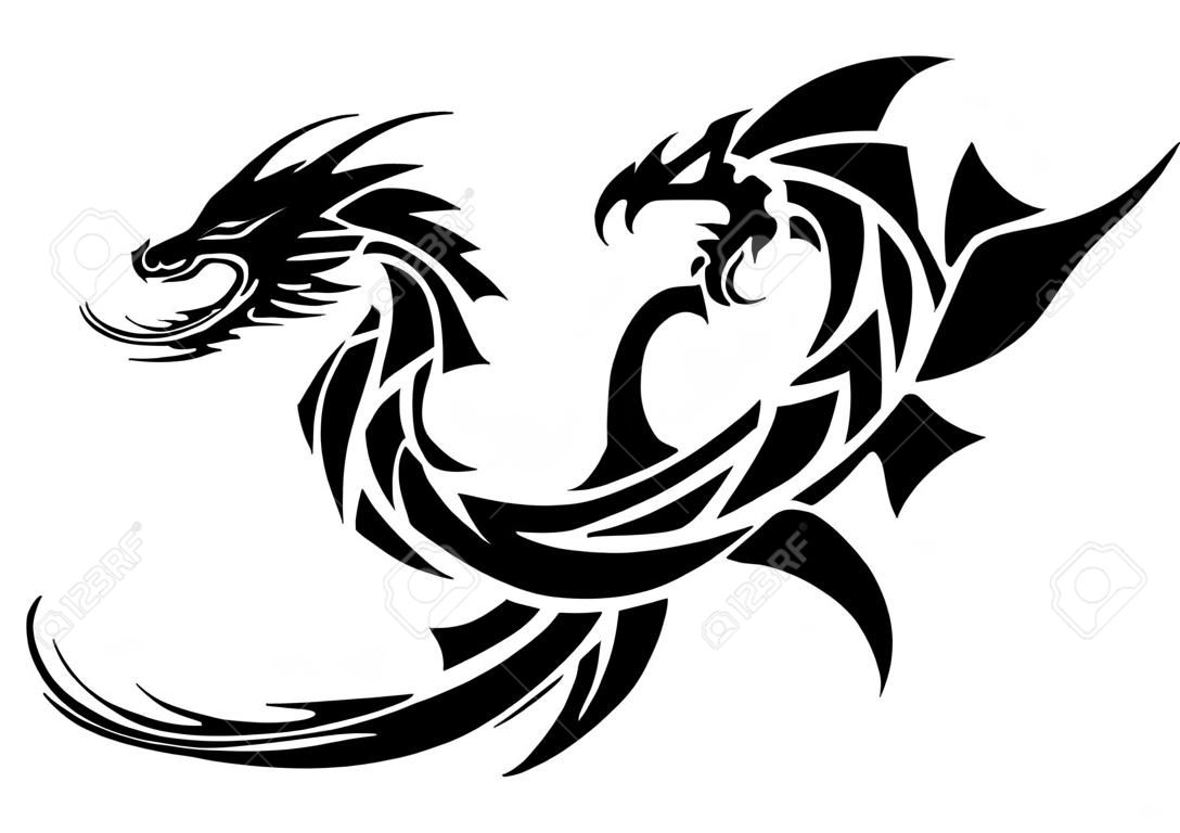 Ilustración de un dragón para una pegatina. Dragón tribal. Diseño de tatuaje. Etiqueta engomada del dragón. Dragón tribal para tatuaje. Arte de dos dragones.