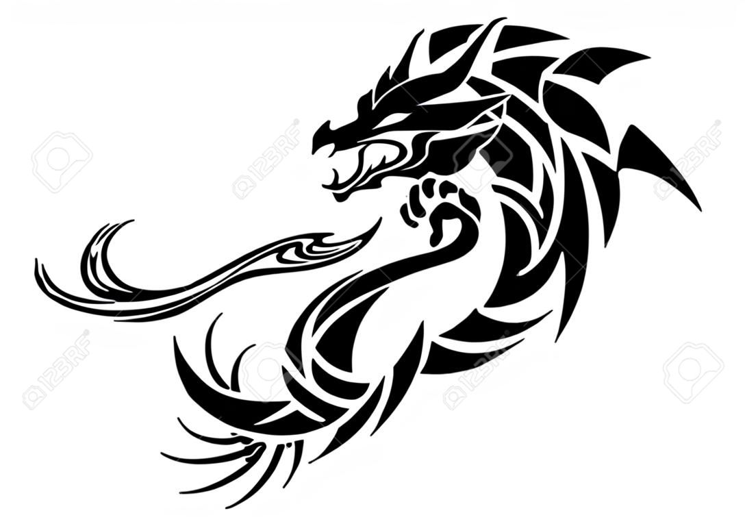 Ilustración de un dragón para una pegatina. Dragón tribal. Diseño de tatuaje. Etiqueta engomada del dragón. Dragón tribal para tatuaje. Arte de dos dragones.