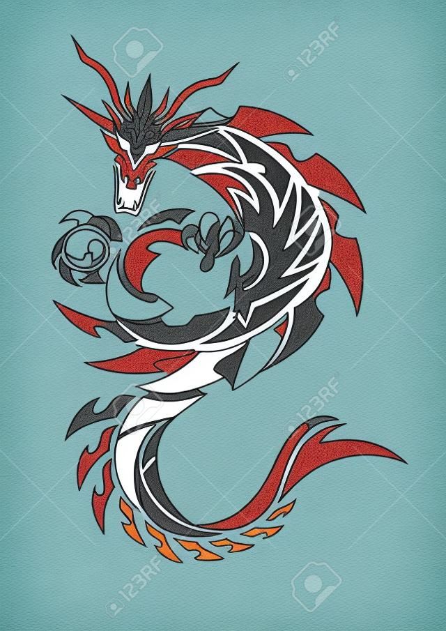 Illustration of a dragon for a sticker. Tribal Dragon. Tattoo design. Dragon sticker. Tribal Dragon for tattoo. Art of two dragons.