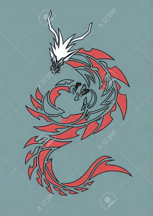 Illustratie van een draak voor een sticker. Tribal Dragon. Tattoo ontwerp. Dragon sticker. Tribal Dragon voor tatoeage. Kunst van twee draken.