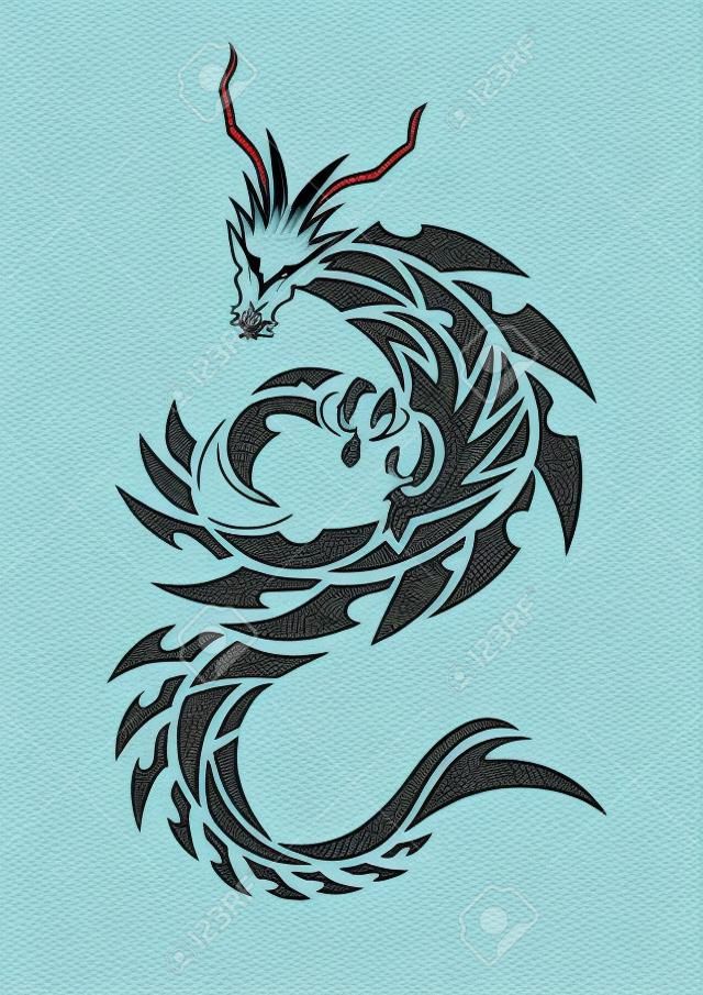 Illustratie van een draak voor een sticker. Tribal Dragon. Tattoo ontwerp. Dragon sticker. Tribal Dragon voor tatoeage. Kunst van twee draken.