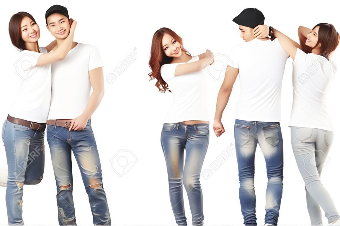 Przedni i tylny widok para zadowolony z białym t shirt