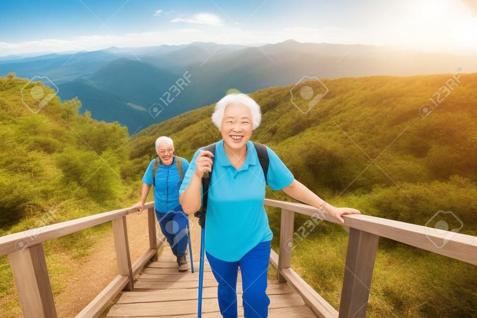 快乐的高级夫妇在山公园徒步旅行