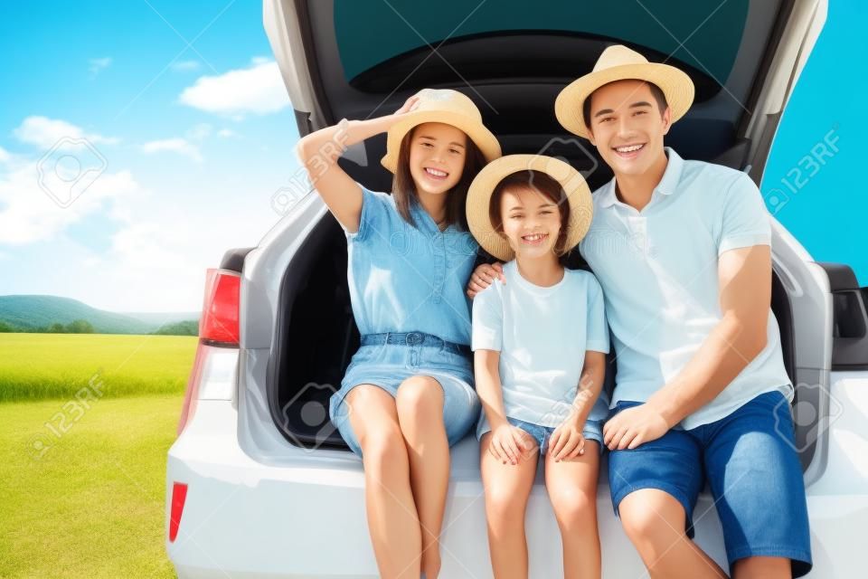 happy family enjoying road trip and summer vacation