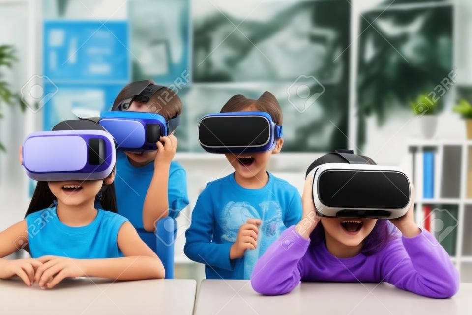 surprised students with virtual reality headset in classroom
