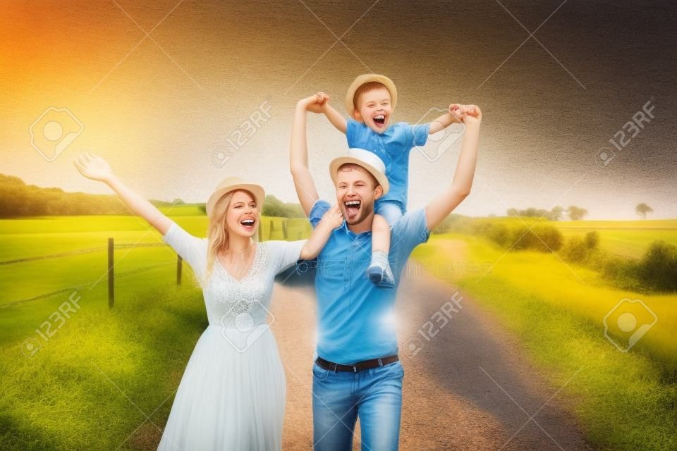 happy family having fun and walking on the country road