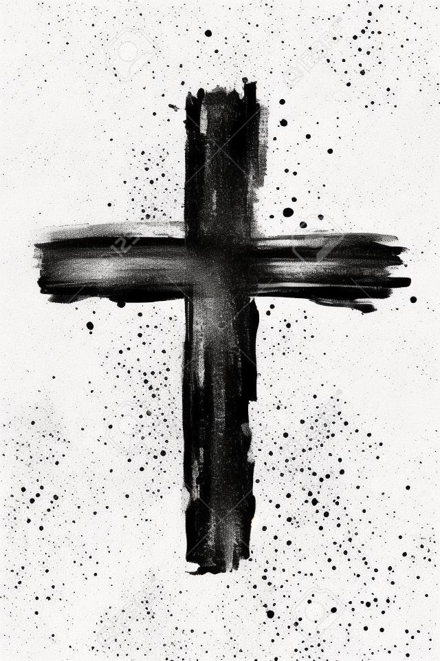 Hand painted black ink cross with brush stroke texture and splatter on isolated white background
