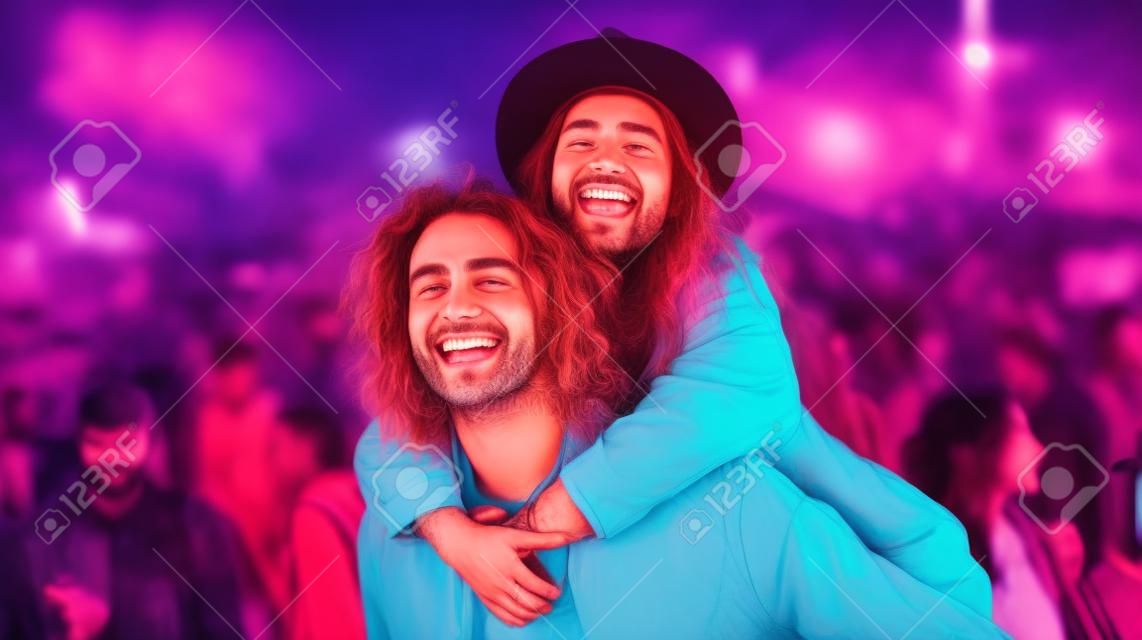 Generative AI portrait of man carrying ecstatic woman on shoulders at music festival