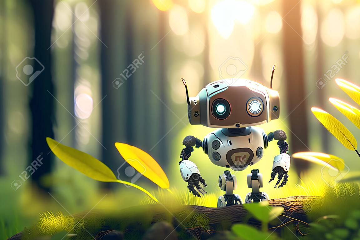 Ute kleiner Roboter im Dschungel mit generativer KI im Bokeh-Natur-Sonnenlicht-Hintergrund