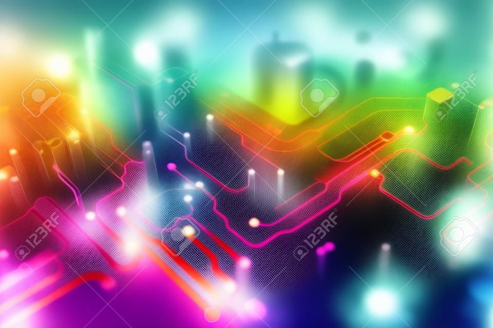 Abstract background of technology digital line and colorful bokeh. Graphic art design. Generative ai