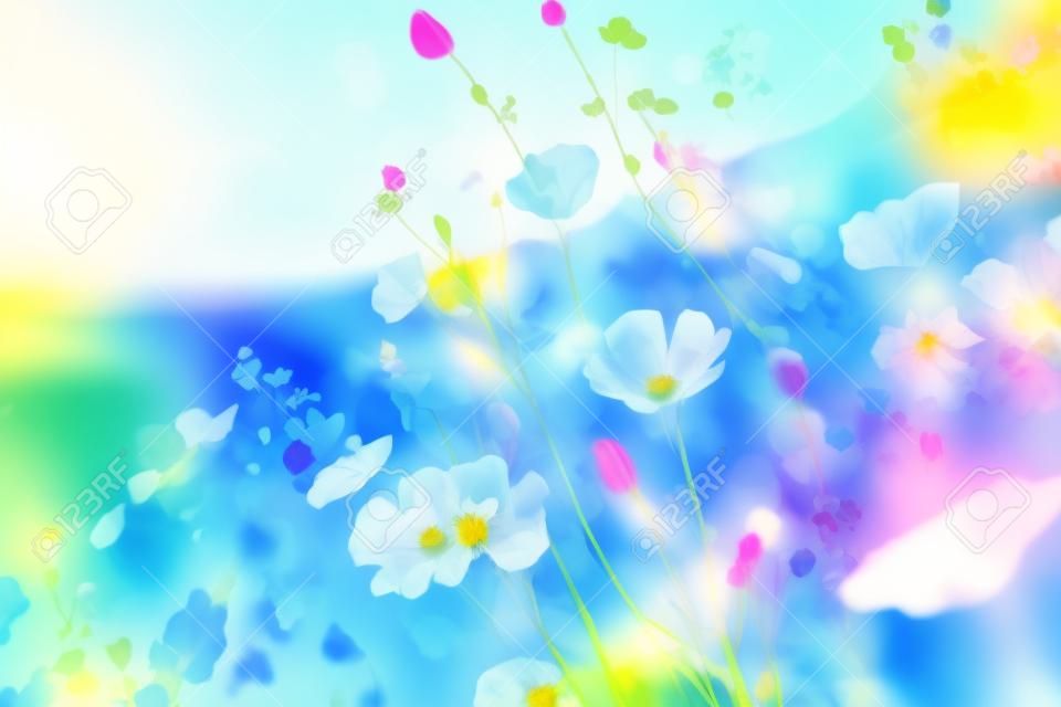 Colorful natural flowers on blue sky abstract background. Spring season and nature concept. Generative ai