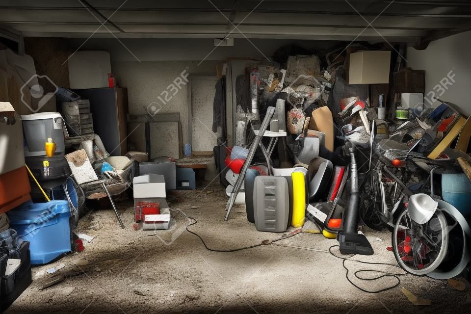 грязный заброшенный гараж, полный вещей, хаос дома