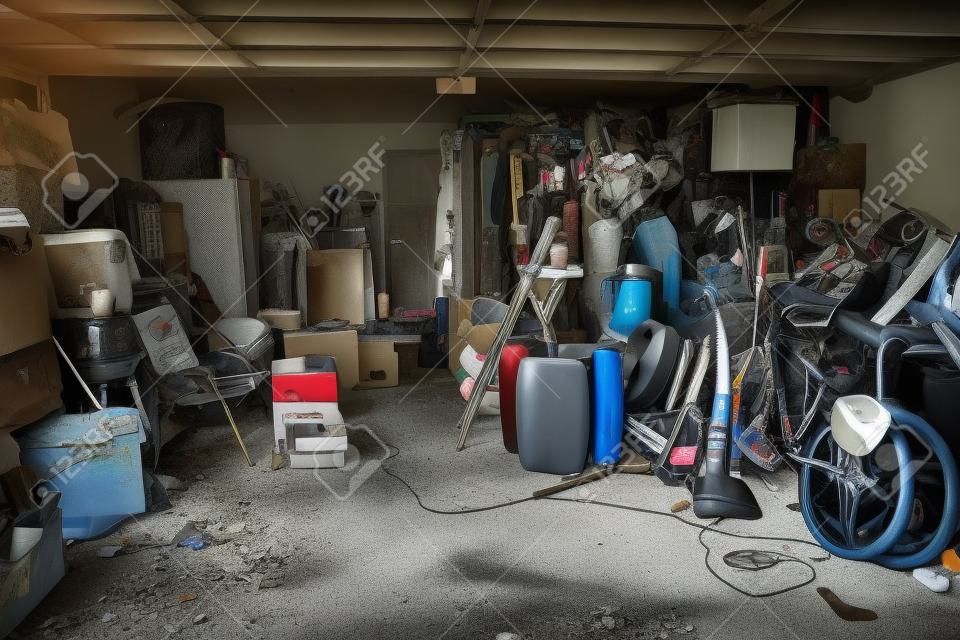 грязный заброшенный гараж, полный вещей, хаос дома