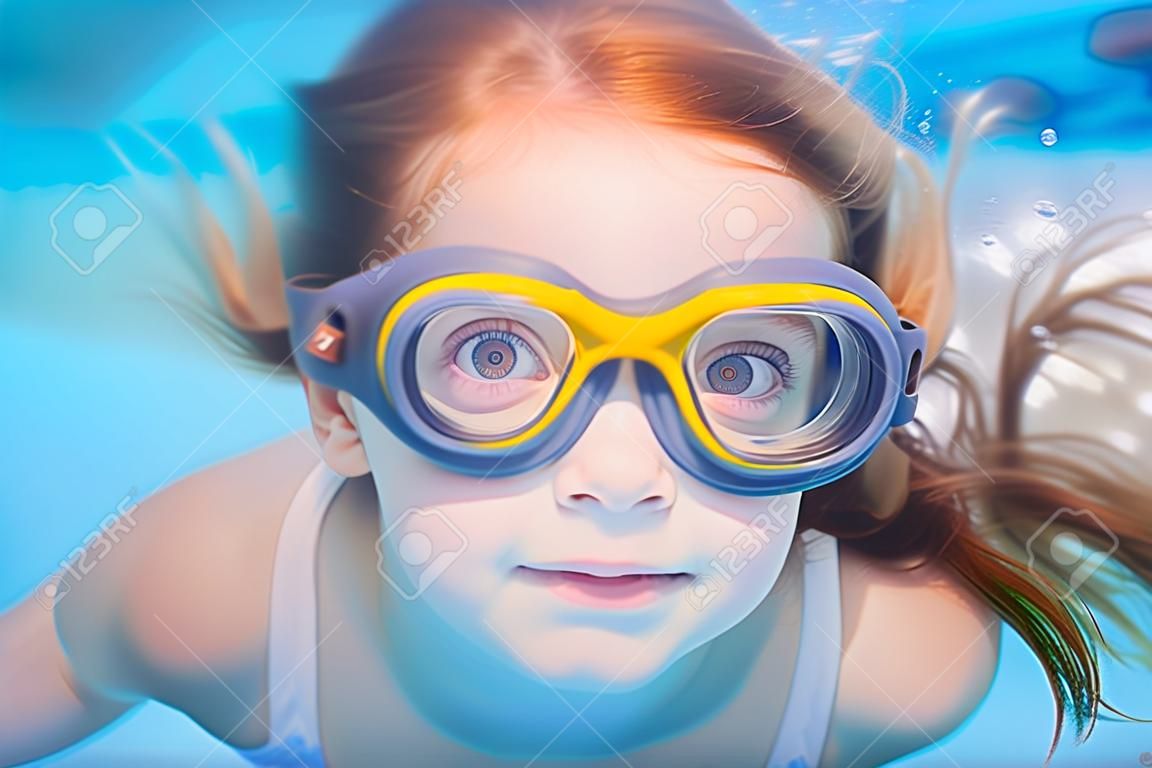 고글과 재미있는 제스처와 아이들 소녀 수영