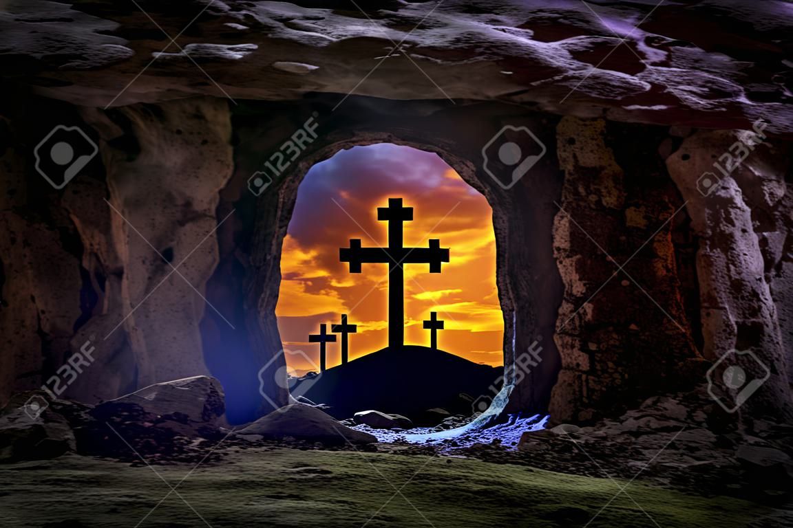 Jesus resurrection sepulcher grave cross crucifixion concept photo mount