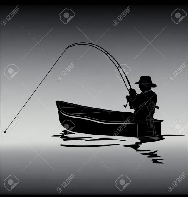Vector silhouette of a fisherman in a boat