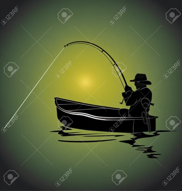 Vector silhouette of a fisherman in a boat