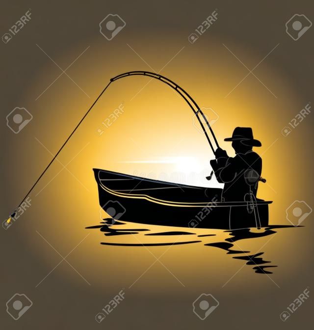 Vector silhouette d'un pêcheur dans un bateau