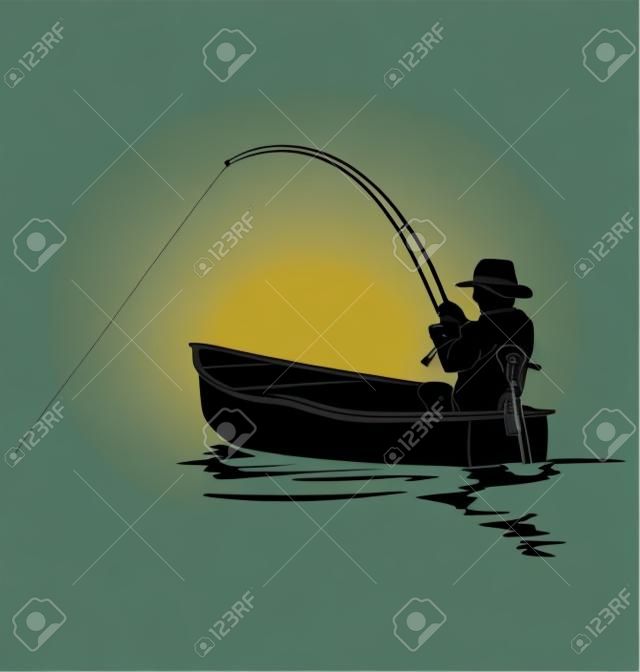 Vektor sziluettje egy halász egy csónakban
