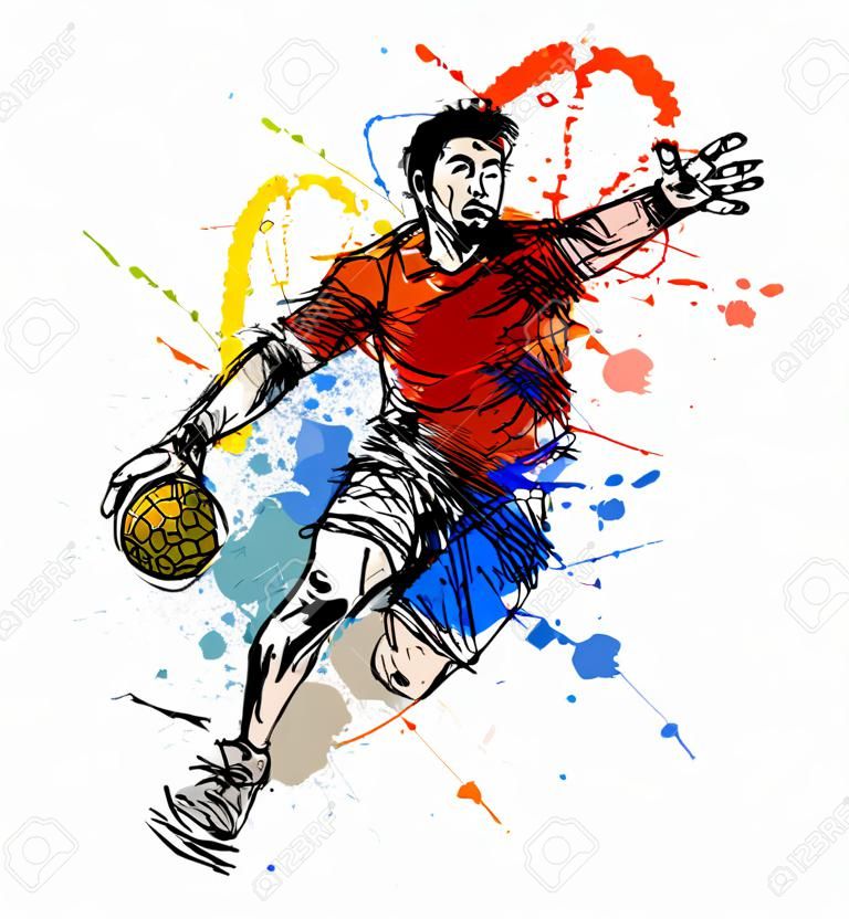 Farbige Handskizze Handballspieler. Vektor-Illustration