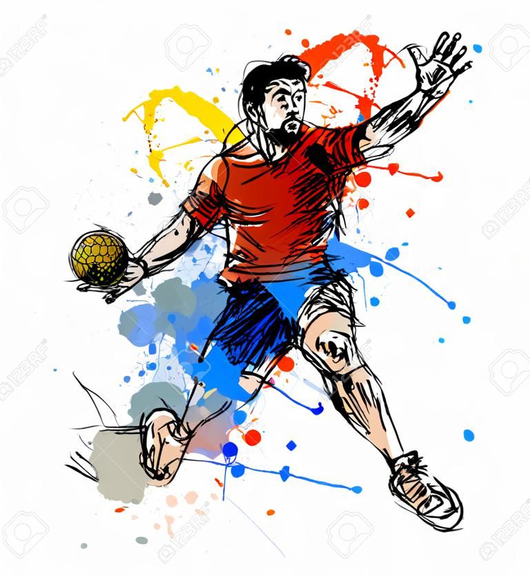 Colored hand sketch handball player. Vector illustration