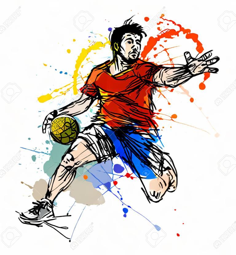 El jugador de balonmano de color boceto mano. ilustración vectorial