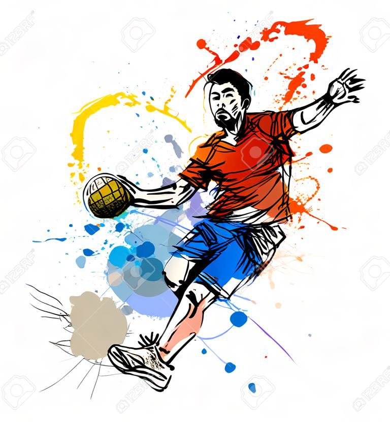 彩色手繪手球運動員。矢量插圖