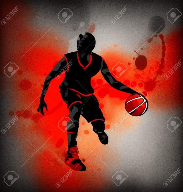 Farbige Vektor-Silhouette der Basketball-Spieler mit Ball