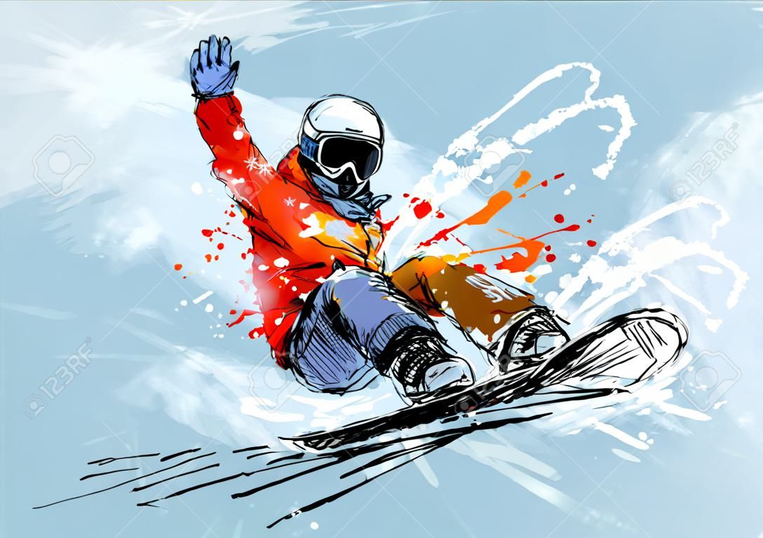 Mão colorida esboço snowboarder