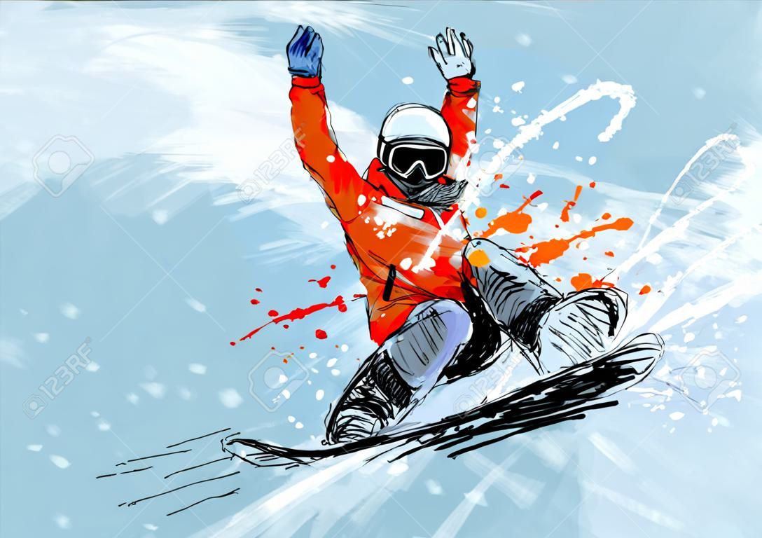Colored hand sketch snowboarder