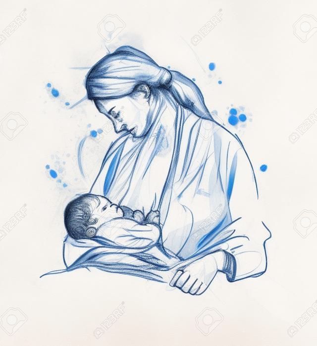 Colored hand sketch mother nursing baby