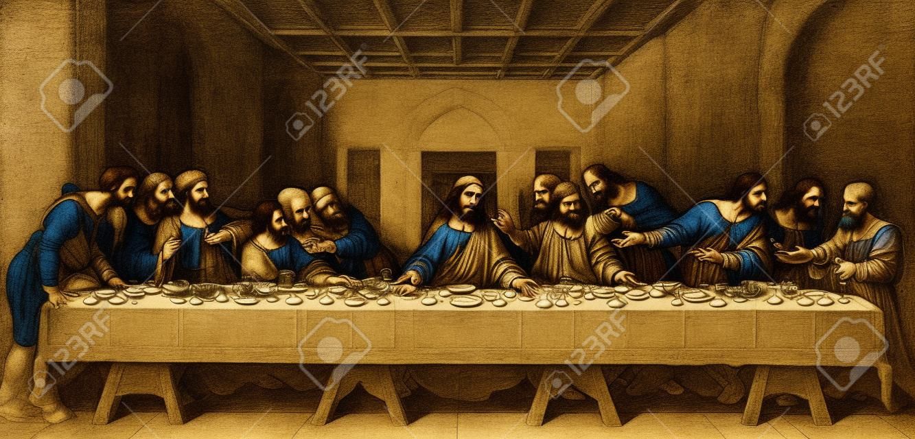 A drawing of Leonardo Da Vinci s The Last Supper from a Victorian book dated 1879 that is no longer in copyright