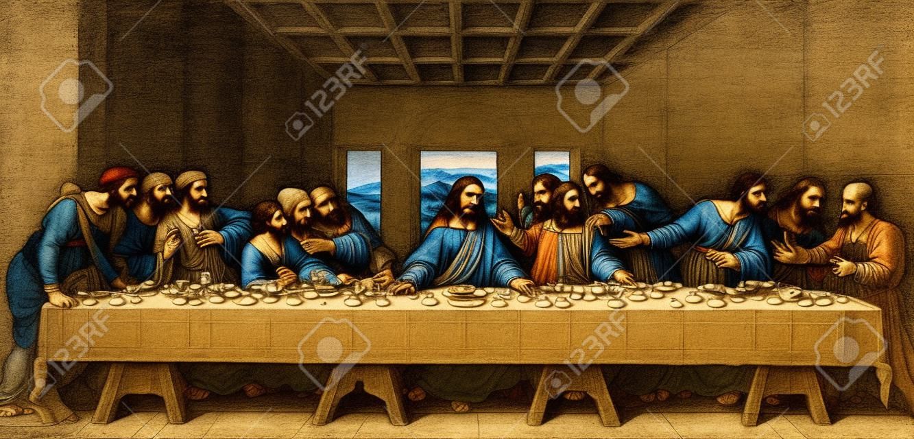 A drawing of Leonardo Da Vinci s The Last Supper from a Victorian book dated 1879 that is no longer in copyright