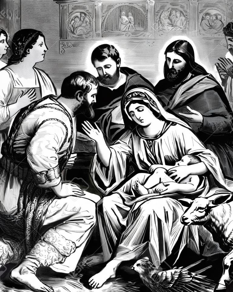 L'immagine, illustrazione, incisione d'epoca della Natività di Gesù Cristo, da un libro vittoriano del 1881 che non è più in diritto d'autore