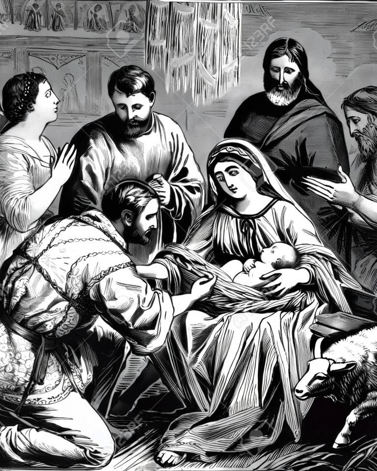 An engraved vintage illustration image of the Nativity of Jesus Christ, from a Victorian book dated 1881 that is no longer in copyright