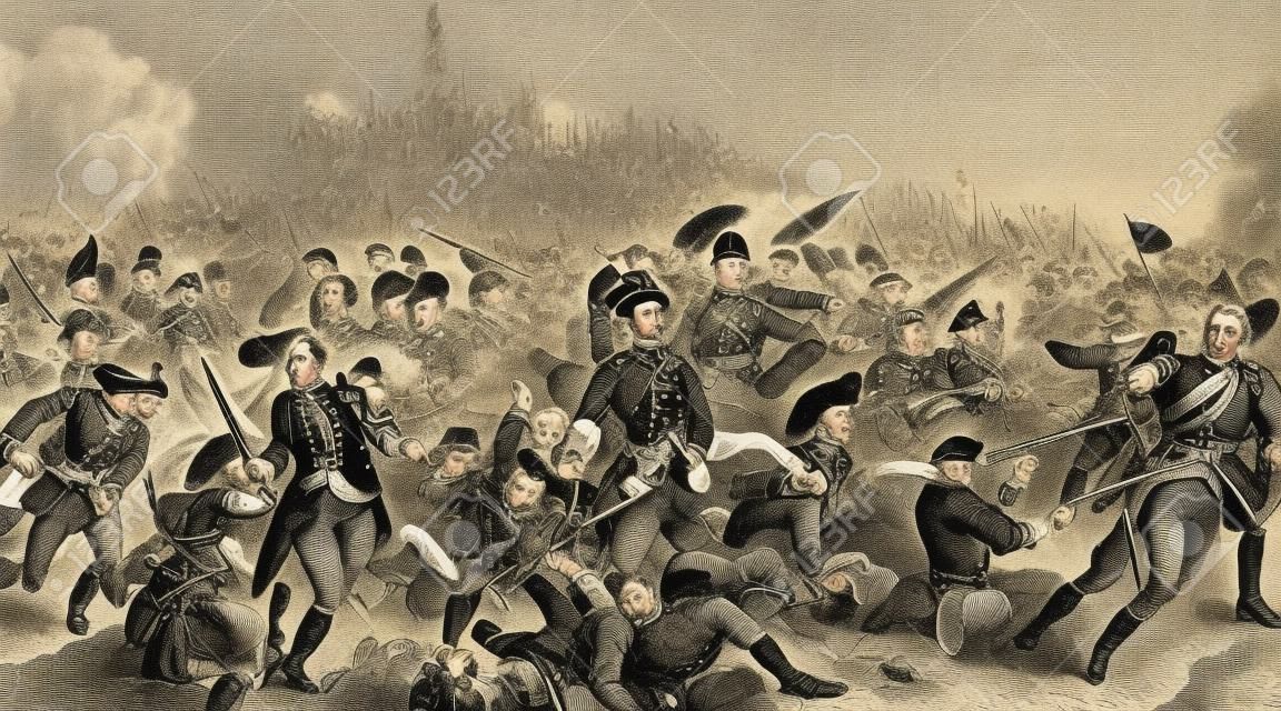 An engraved vintage illustration image of the Duke of Wellington with his army at the Battle of Waterloo, from a Victorian book dated 1886 that is no longer in copyright