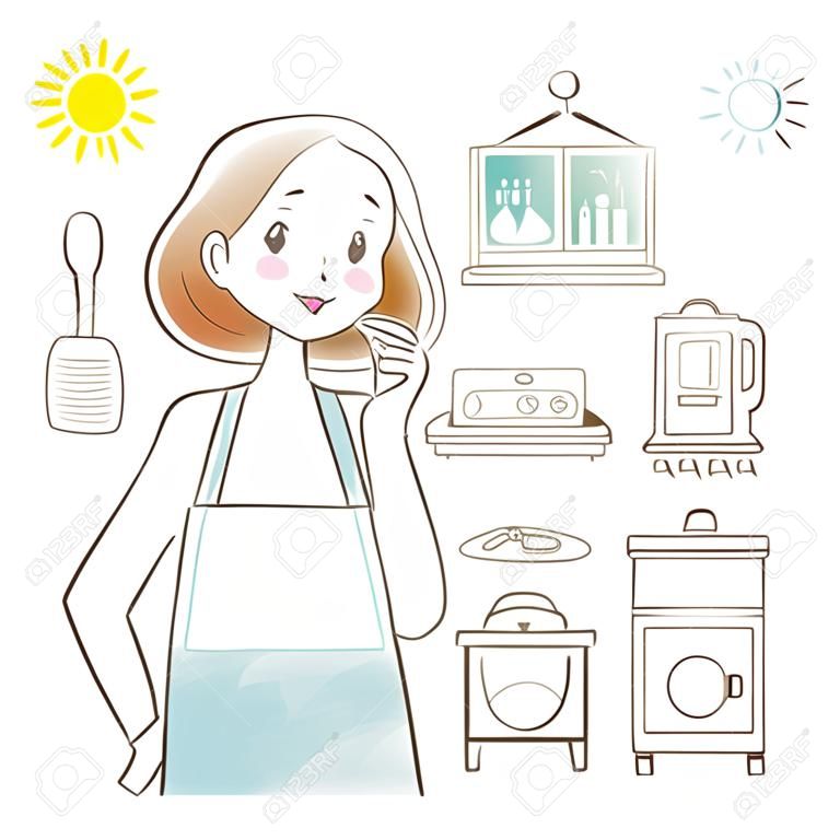Cute woman with a smile on an apron / ZEH and saving image / Pastel painting / Hand-drawn